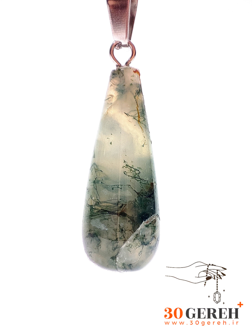 گردنبند سنگی عقیق خزه ای اصل و معدنی تراش چوب بیسبال ( باتومی ) با زنجیر استیل ضدحساسیت