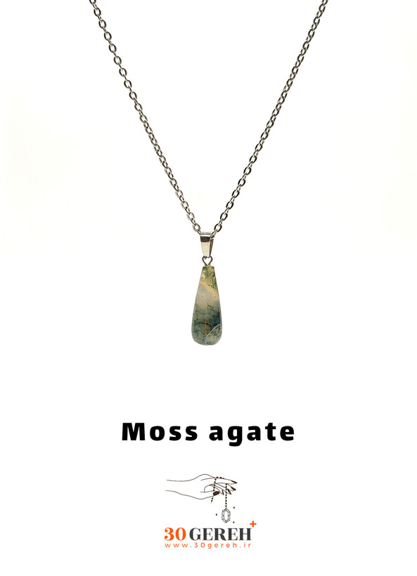 گردنبند سنگی عقیق خزه ای اصل و معدنی تراش چوب بیسبال ( باتومی ) با زنجیر استیل ضدحساسیت