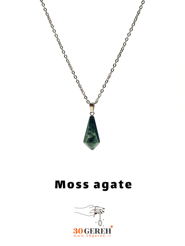 گردنبند سنگ عقیق خزه ای اصل تراش کراواتی با زنجیر استیل ضدحساسیت رایگان