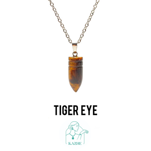 گردنبند سنگی چشم ببر ( سنگ قدرت و انرژی ) تراش فشنگی با زنجیر استیل رایگان زنانه و مردانه