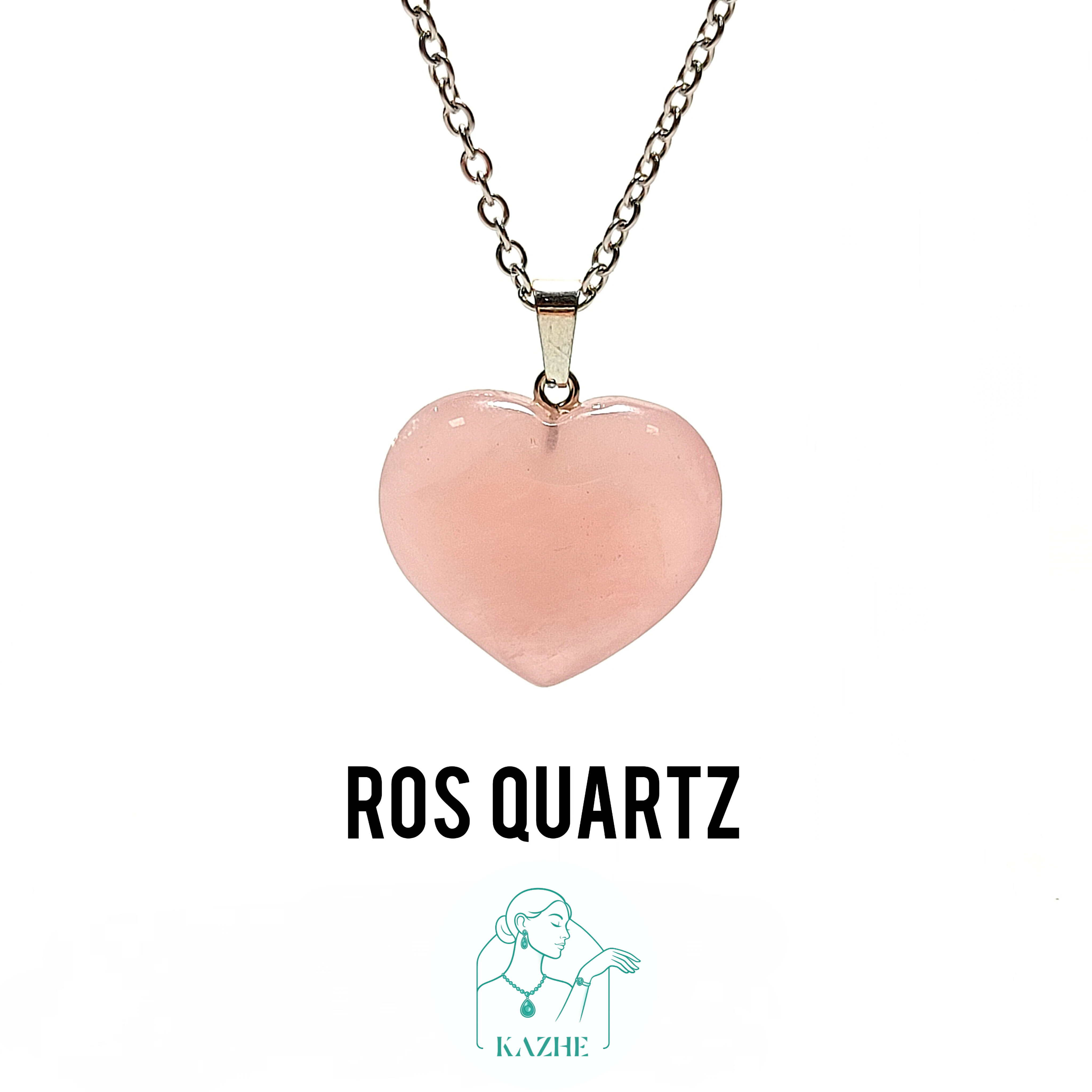 گردنبند سنگی رزکوارتز ( سنگ جذب عشق ) تراش قلب بزرگ و گوشتی با زنجیر استیل ضدحساسیت رایگان زنانه و مردانه
