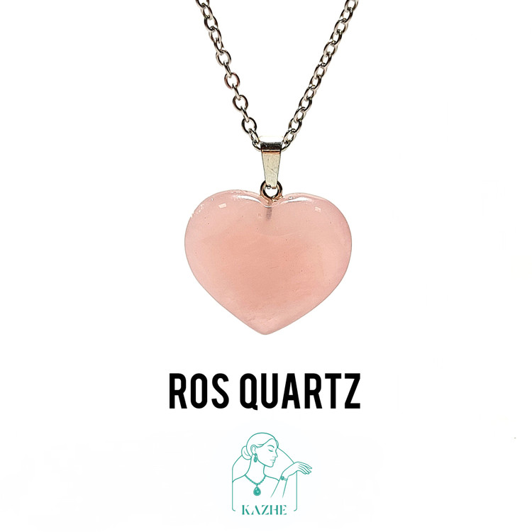 گردنبند سنگی رزکوارتز ( سنگ جذب عشق ) تراش قلب بزرگ و گوشتی با زنجیر استیل ضدحساسیت رایگان زنانه و مردانه