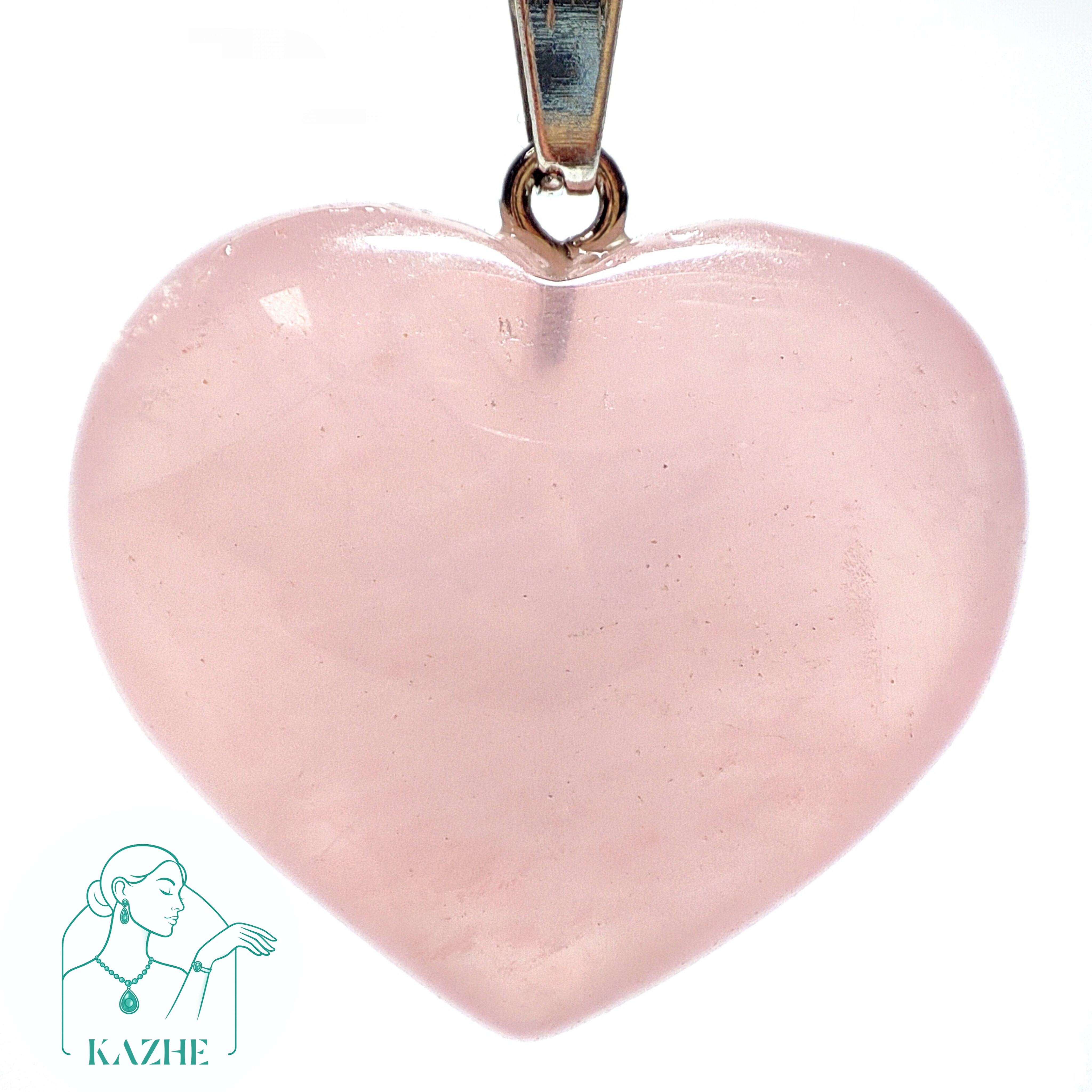 گردنبند سنگی رزکوارتز ( سنگ جذب عشق ) تراش قلب بزرگ و گوشتی با زنجیر استیل ضدحساسیت رایگان زنانه و مردانه