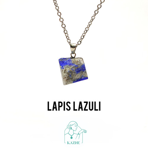 گردنبند سنگی لاجورد سنگ سخنوری تراش راف با زنجیر استیل ضدحساسیت رایگان زنانه و مردانه