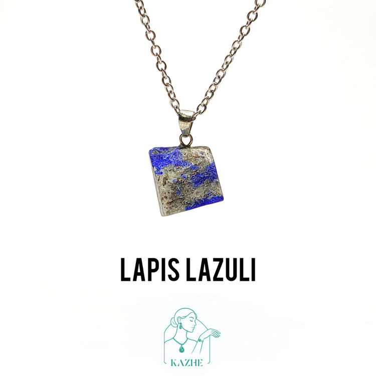 گردنبند سنگی لاجورد سنگ سخنوری تراش راف با زنجیر استیل ضدحساسیت رایگان زنانه و مردانه