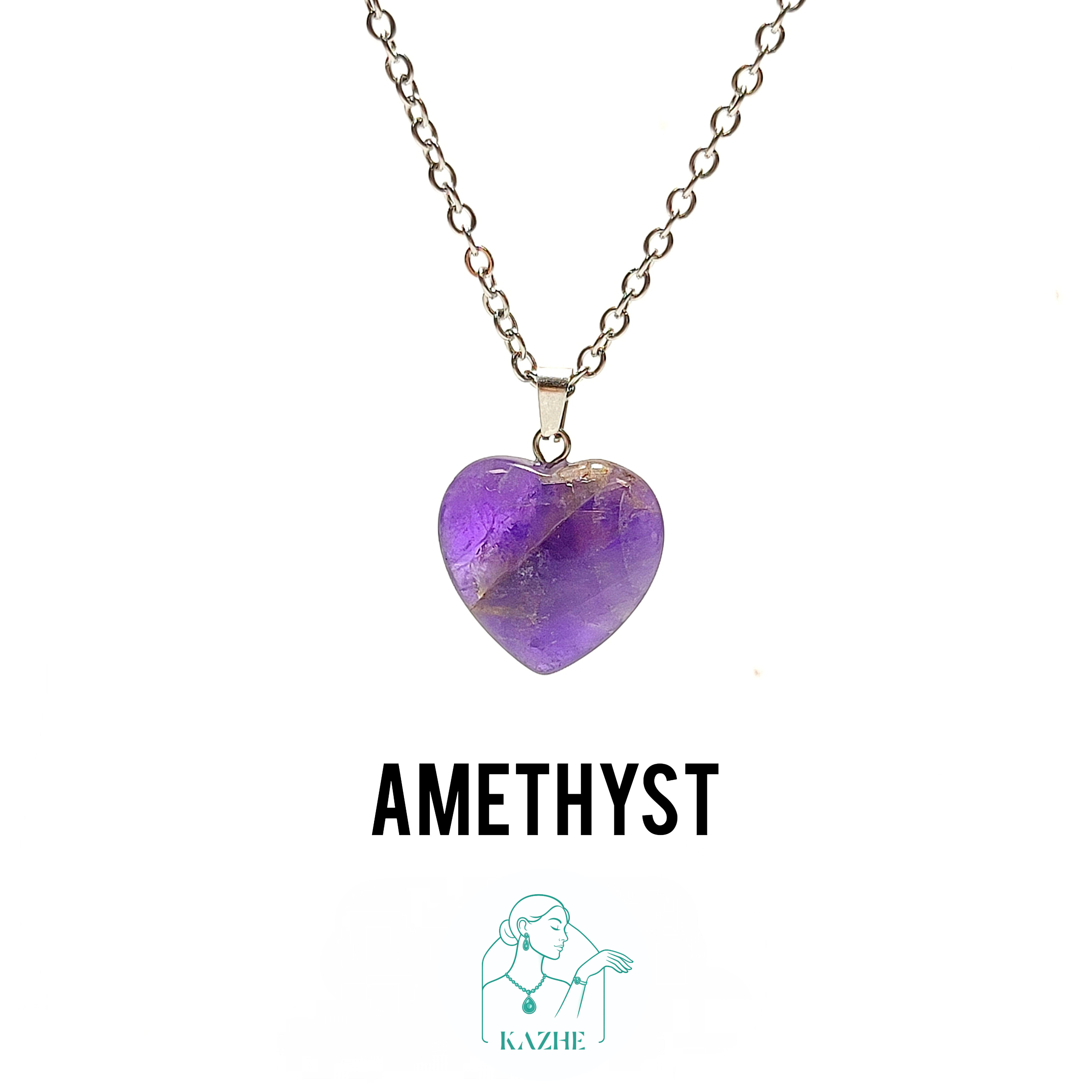 گردنبند سنگی آمیتیست اصل و معدنی تراش قلب کوچک با زنجیر استیل ضدحساسیت رایگان