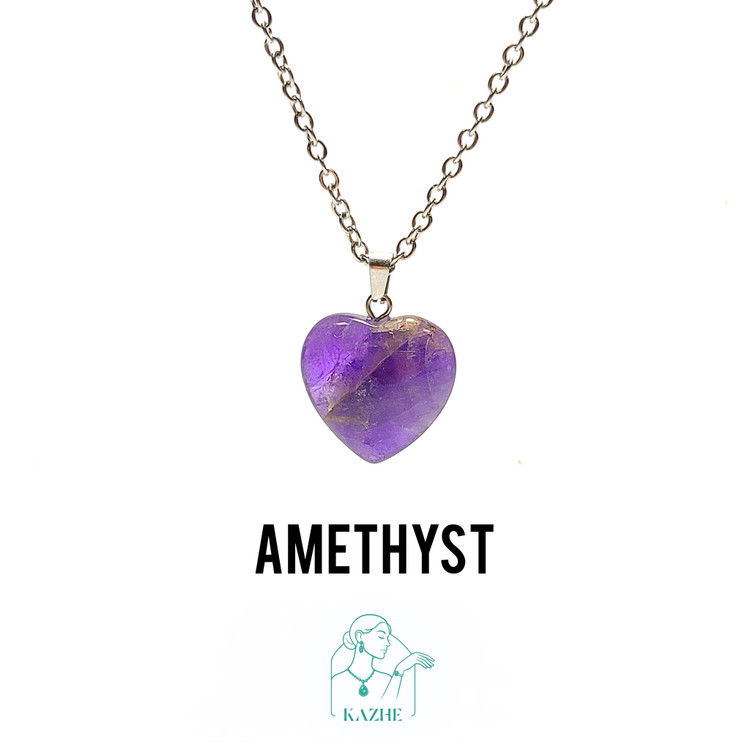 گردنبند سنگی آمیتیست اصل و معدنی تراش قلب کوچک با زنجیر استیل ضدحساسیت رایگان