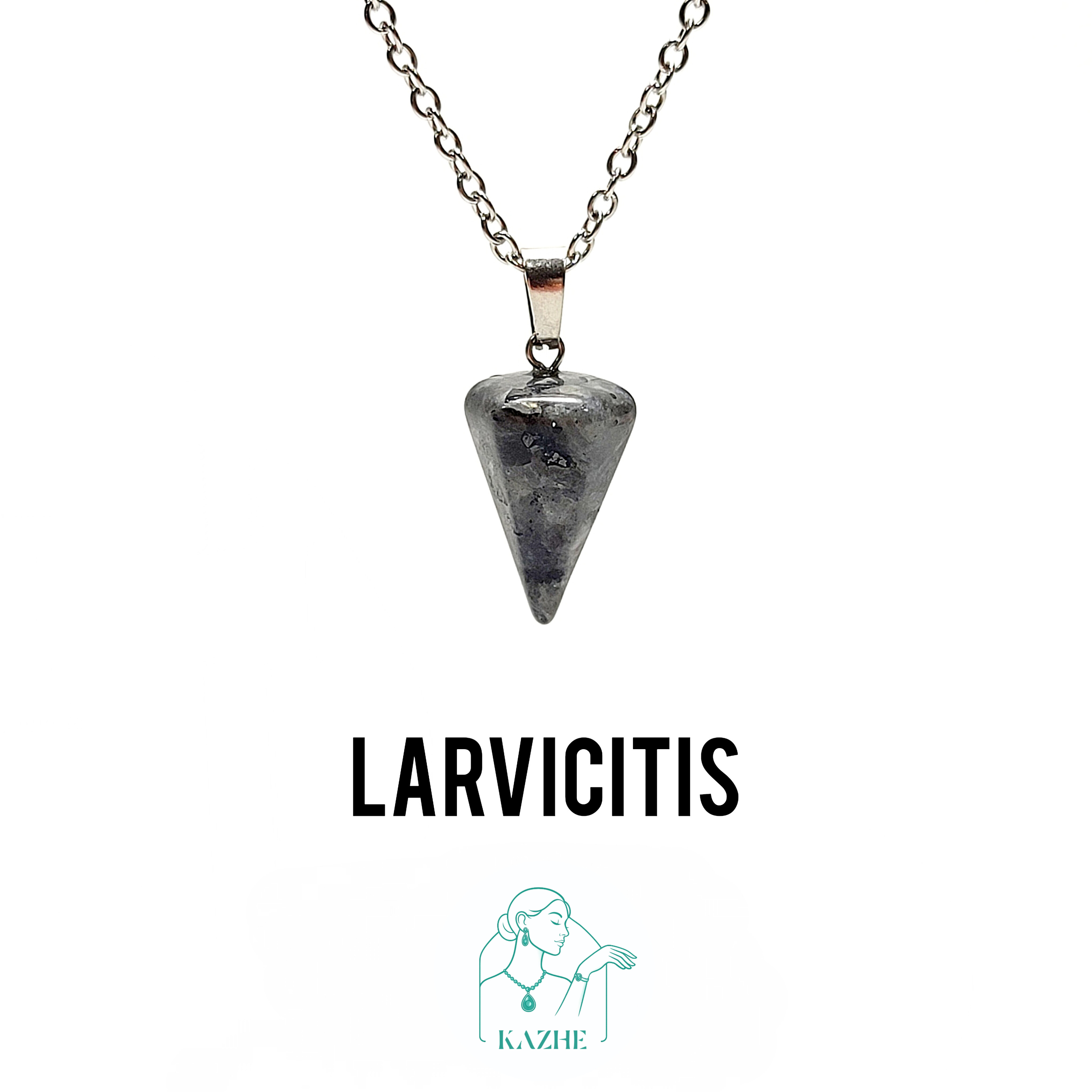 گردنبند سنگی لاروکیت اصل و طبیعی تراش شاقول ( پاندول ) با زنجیر استیل ضدحساسیت رایگان زنانه و مردانه