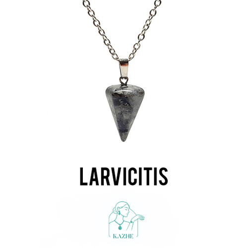 گردنبند سنگی لاروکیت اصل و طبیعی تراش شاقول ( پاندول ) با زنجیر استیل ضدحساسیت رایگان زنانه و مردانه