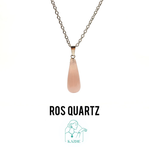 گردنبند سنگی رزکوارتز اصل و معدنی تراش چوب بیسبال ( باتومی ) با زنجیر استیل ضدحساسیت رایگان زنانه و مردانه