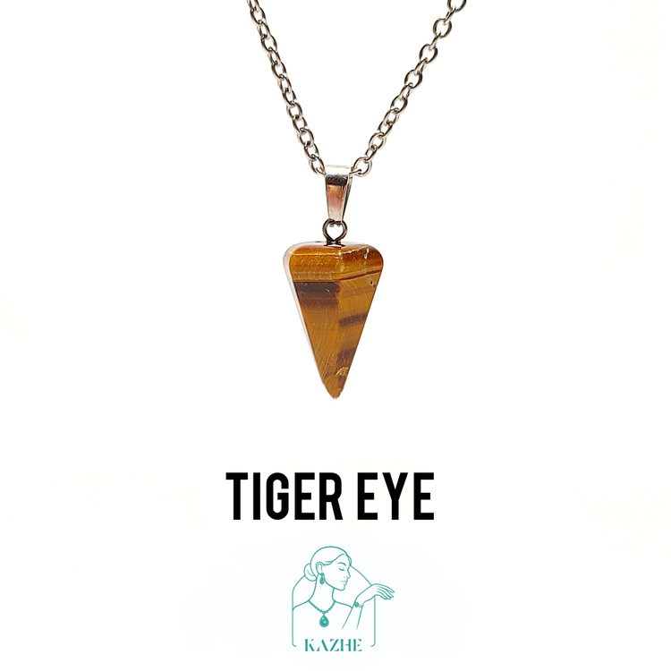 گردنبند سنگی چشم ببر اصل تراش شاقول ( پاندول ) با زنجیر استیل ضدحساسیت زنانه و مردانه