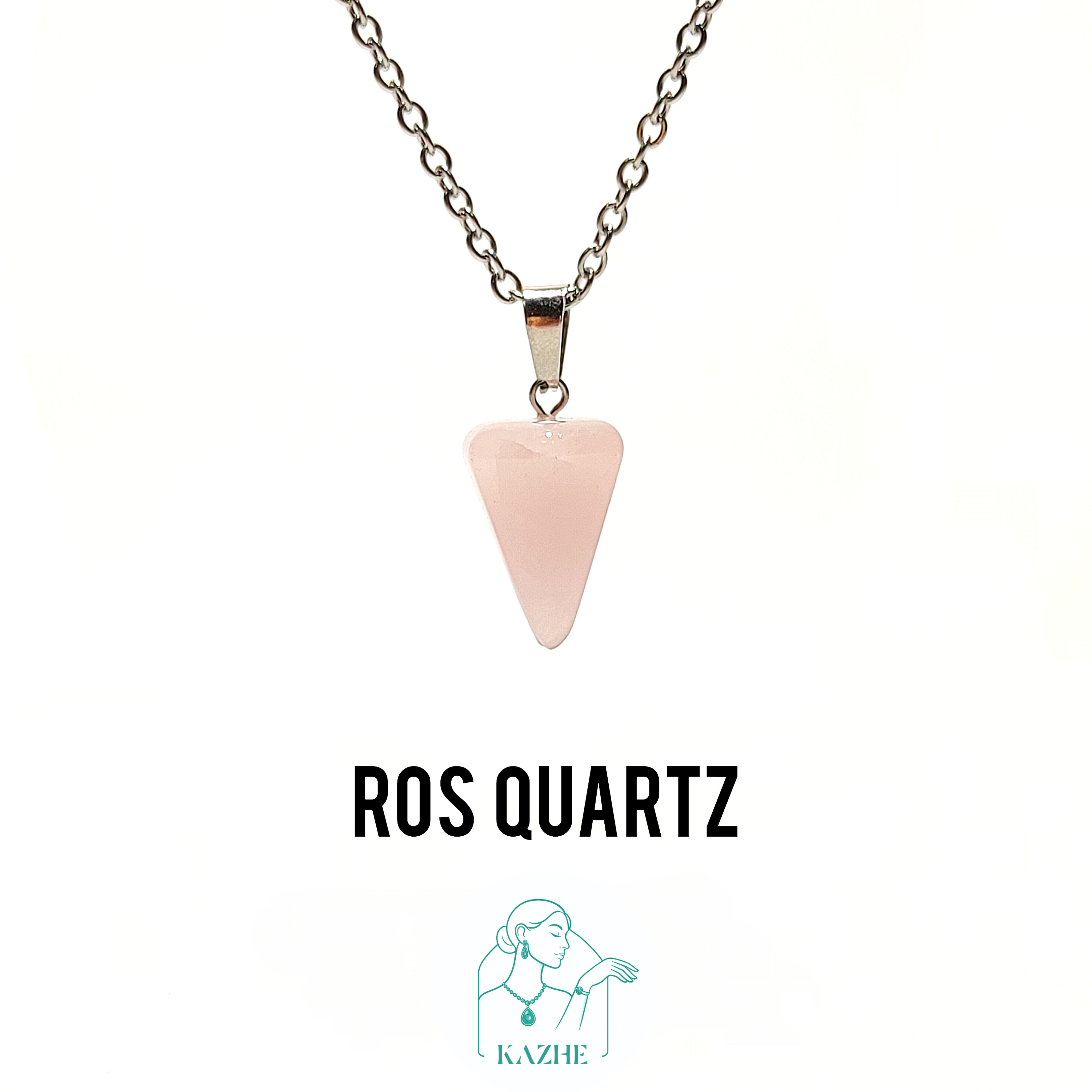 گردنبند سنگی مینیمال رزکوارتز اصل تراش شاقول ( پاندول ) با زنجیر استیل ضدحساسیت زنانه و مردانه