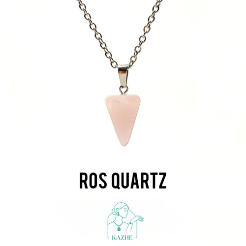 گردنبند سنگی مینیمال رزکوارتز اصل تراش شاقول ( پاندول ) با زنجیر استیل ضدحساسیت زنانه و مردانه