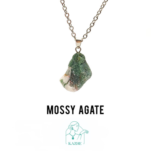 گردنبند سنگی عقیق خزه ای اصل تراش راف با زنجیر استیل ضدحساسیت رایگان