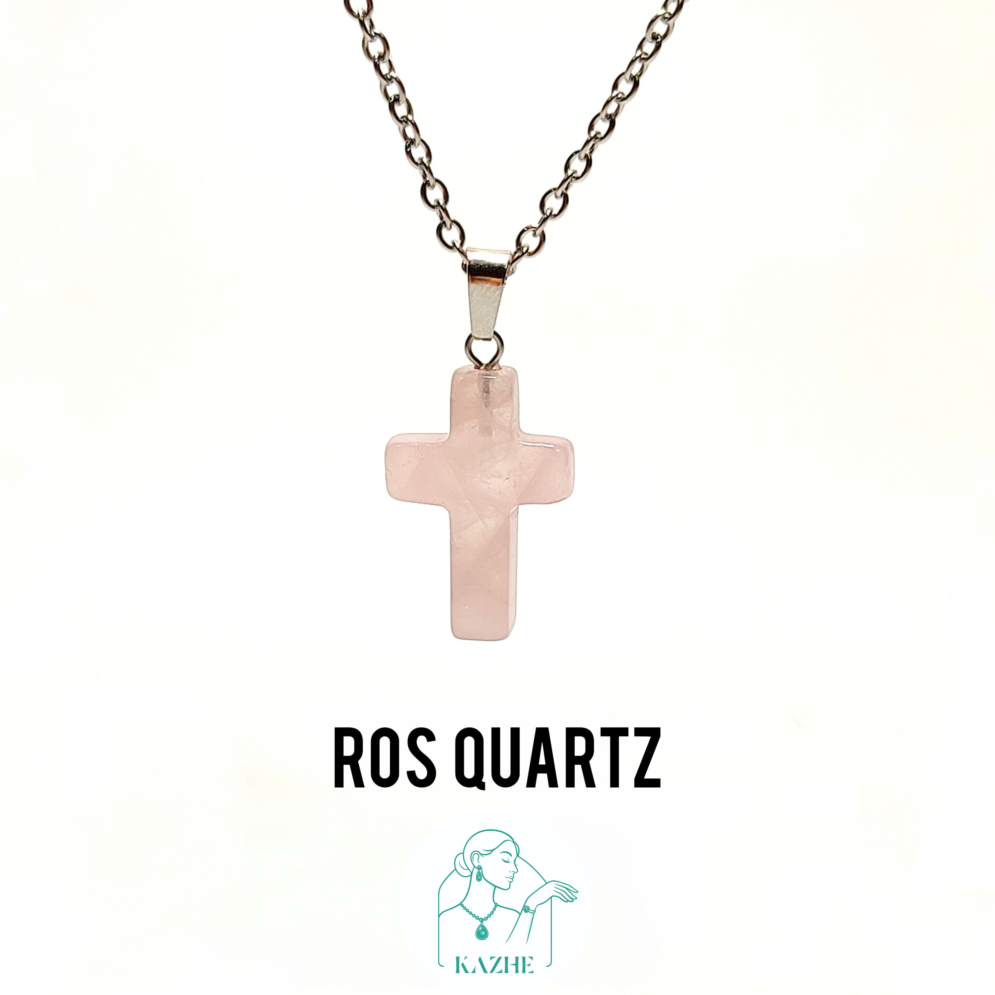 گردنبند سنگی رزکوارتز اصل و معدنی تراش صلیب با زنجیر استیل ضدحساسیت رایگان