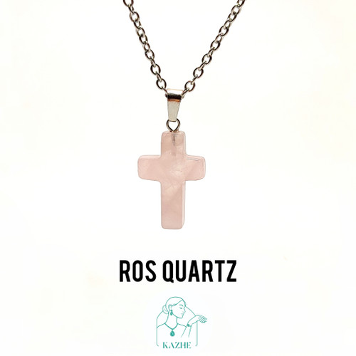 گردنبند سنگی رزکوارتز اصل و معدنی تراش صلیب با زنجیر استیل ضدحساسیت رایگان