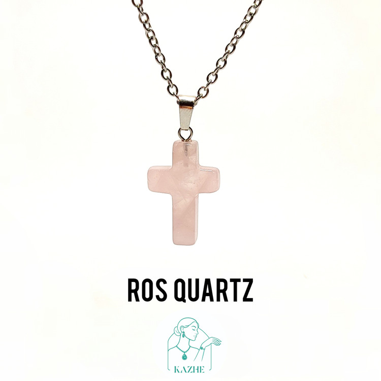 گردنبند سنگی رزکوارتز اصل و معدنی تراش صلیب با زنجیر استیل ضدحساسیت رایگان