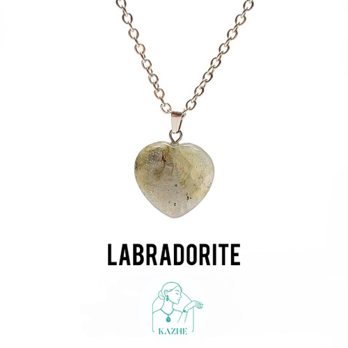 گردنبند سنگ لابرادوریت اصل شاین دار تراش قلب کوچک با زنجیر استیل ضدحساسیت رایگان زنانه و مردانه