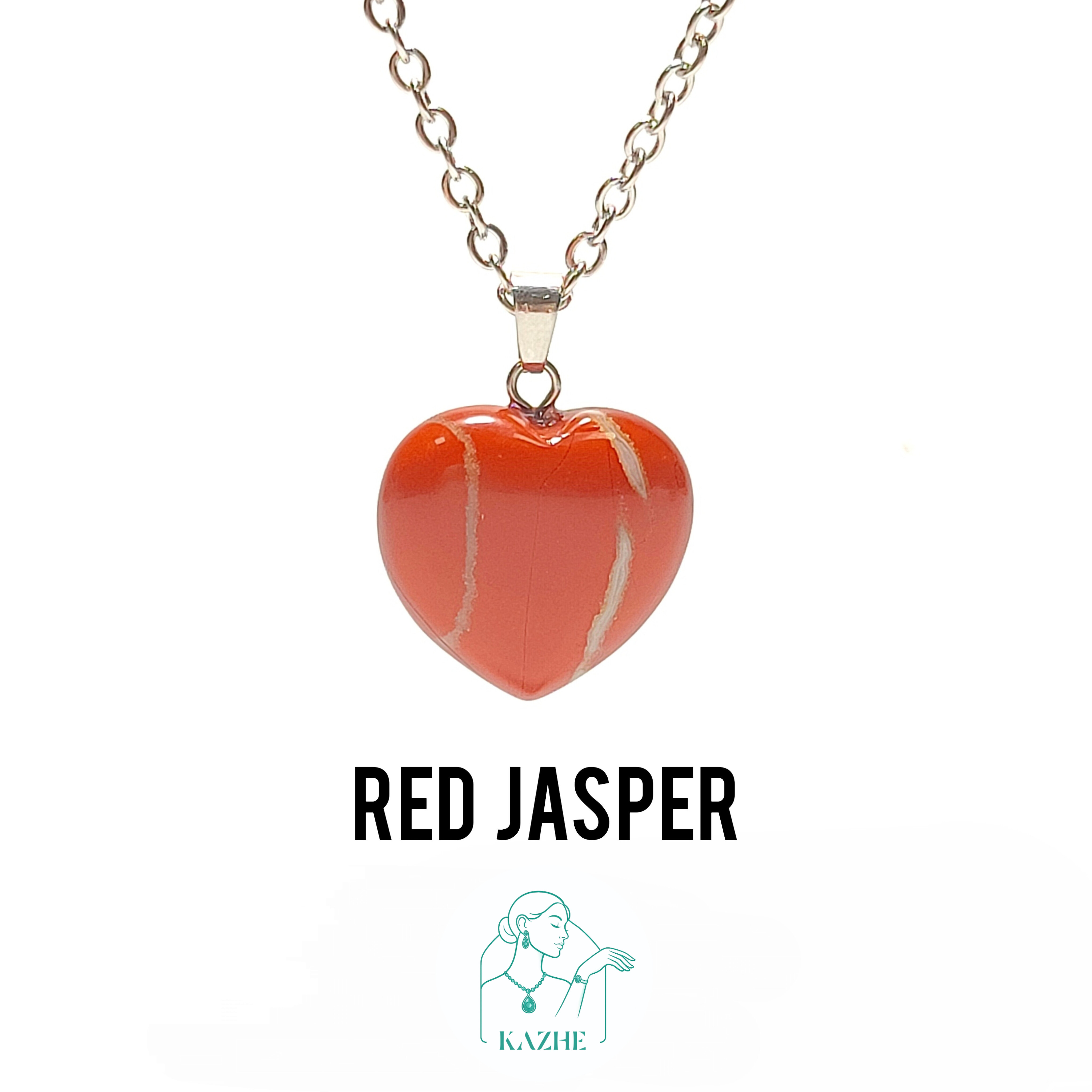 گردنبند سنگی جاسپر قرمز اصل و معدنی تراش قلب بزرگ تخت با زنجیر استیل ضدحساسیت رایگان