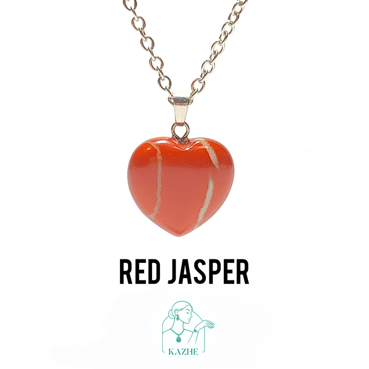 گردنبند سنگی جاسپر قرمز اصل و معدنی تراش قلب بزرگ تخت با زنجیر استیل ضدحساسیت رایگان