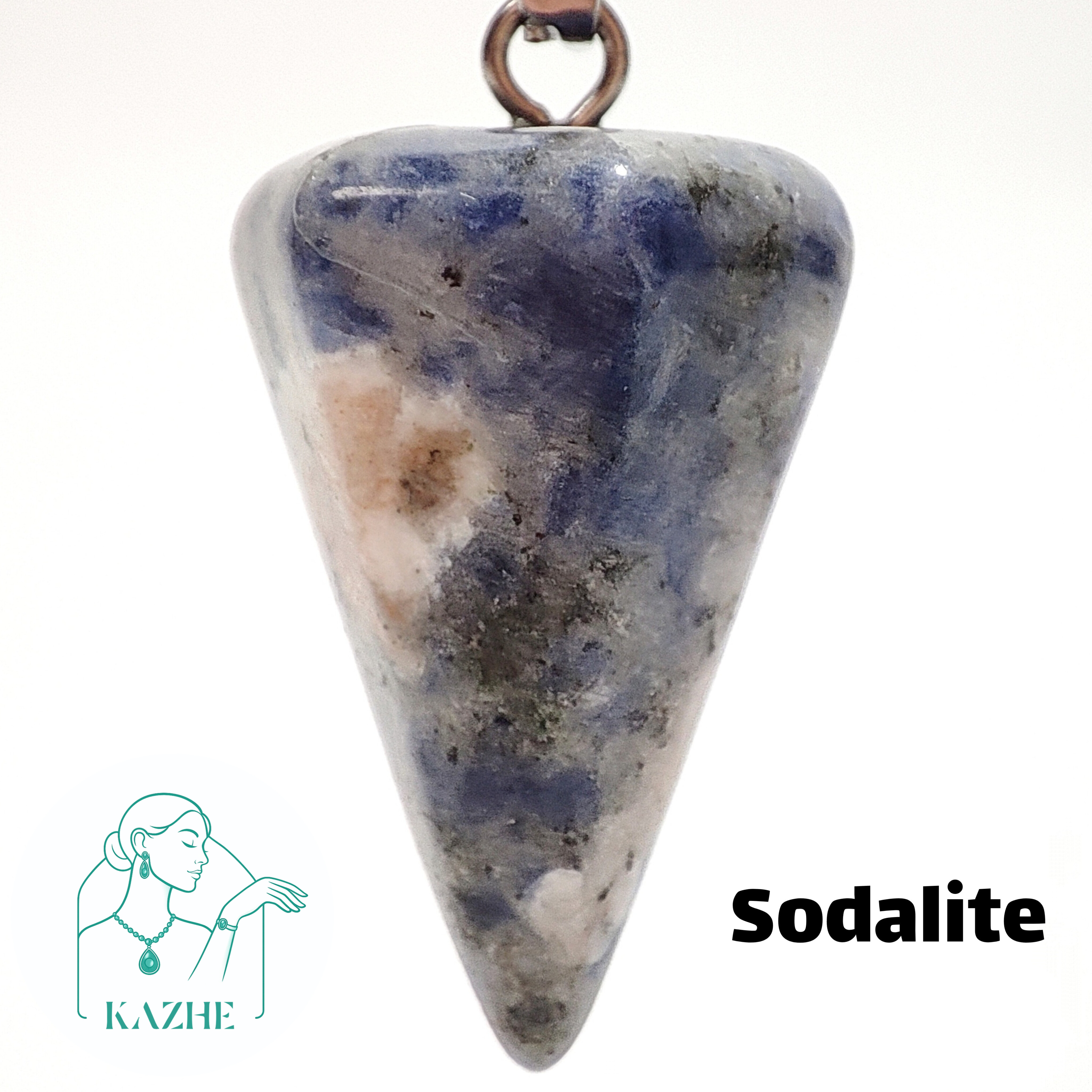 گردنبند سنگی سودالیت اصل و معدنی تراش پاندول ( شاقول ) با زنجیر استیل ضدحساسیت رایگان