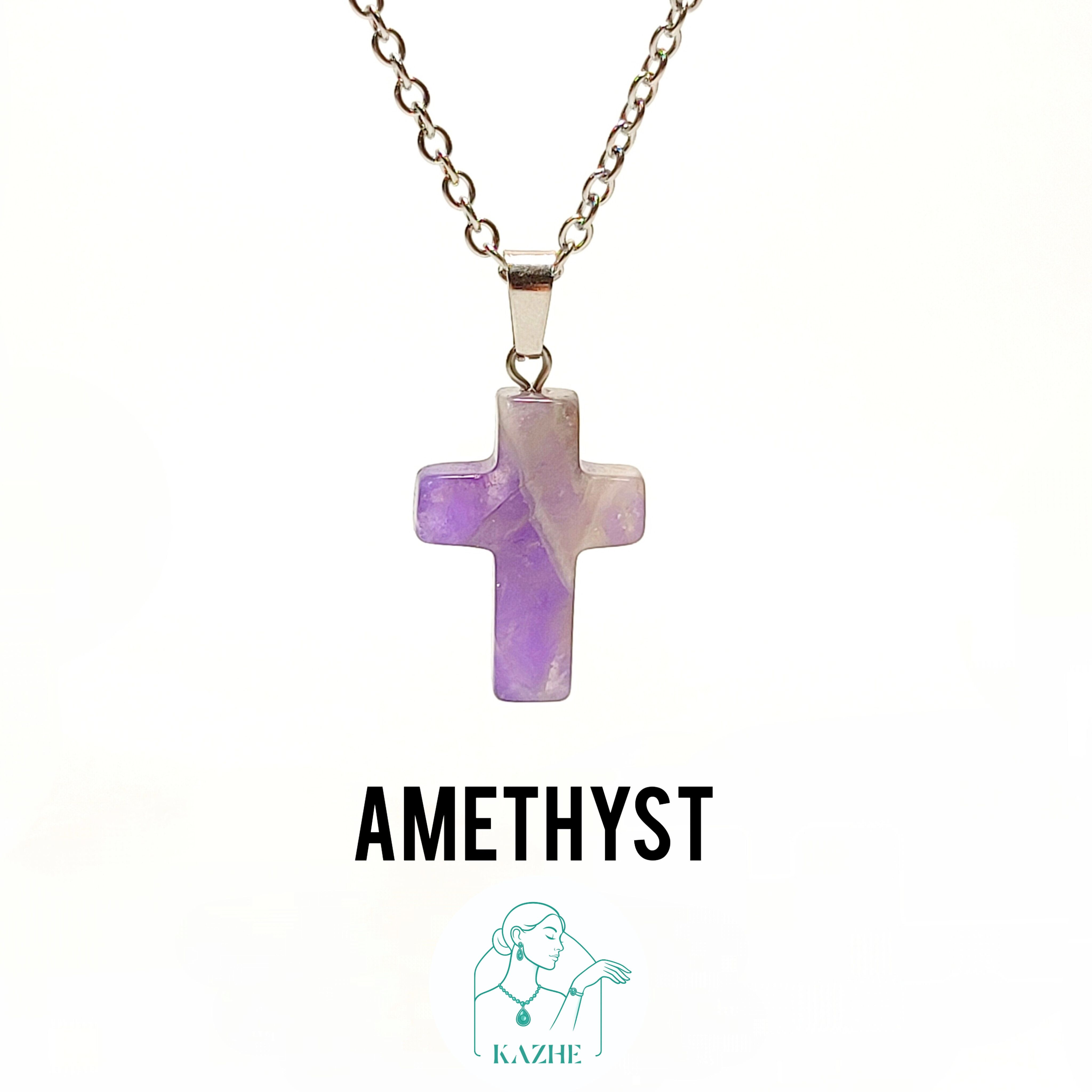 گردنبند سنگی آمیتیست اصل و معدنی برزیل تراش صلیب با زنجیر استیل ضدحساسیت رایگان