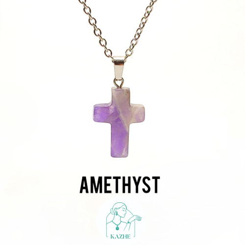 گردنبند سنگی آمیتیست اصل و معدنی برزیل تراش صلیب با زنجیر استیل ضدحساسیت رایگان