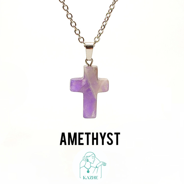 گردنبند سنگی آمیتیست اصل و معدنی برزیل تراش صلیب با زنجیر استیل ضدحساسیت رایگان