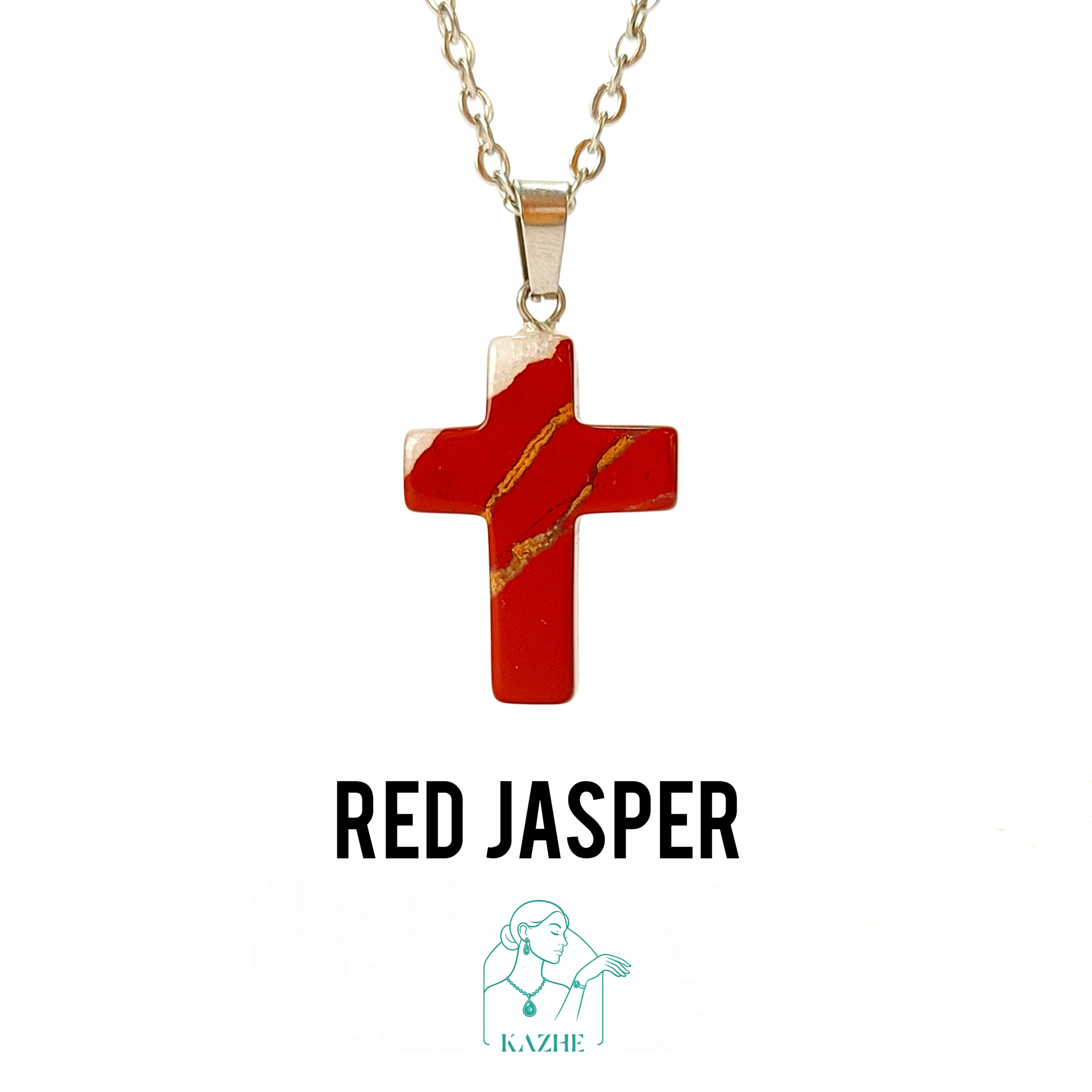 گردنبند سنگ جاسپر قرمز اصل و معدنی تراش صلیب با زنجیر استیل ضدحساسیت رایگان