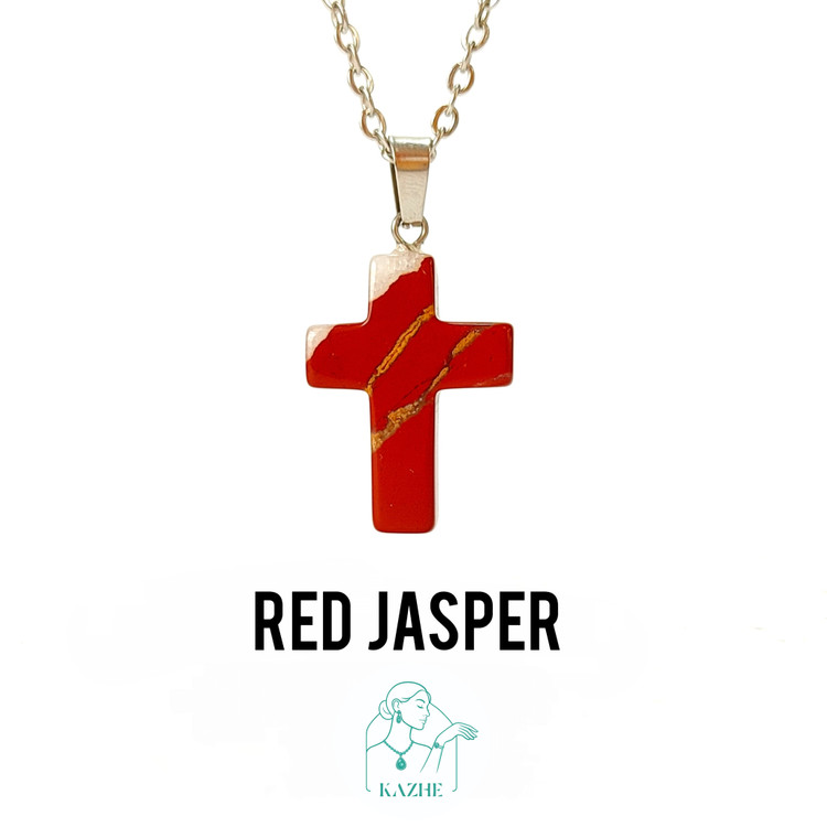 گردنبند سنگ جاسپر قرمز اصل و معدنی تراش صلیب با زنجیر استیل ضدحساسیت رایگان