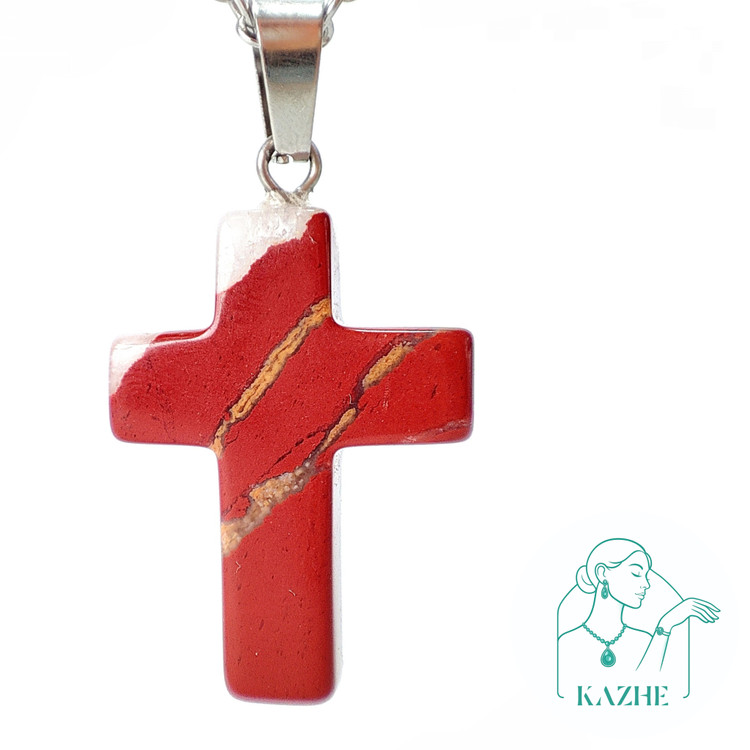گردنبند سنگ جاسپر قرمز اصل و معدنی تراش صلیب با زنجیر استیل ضدحساسیت رایگان