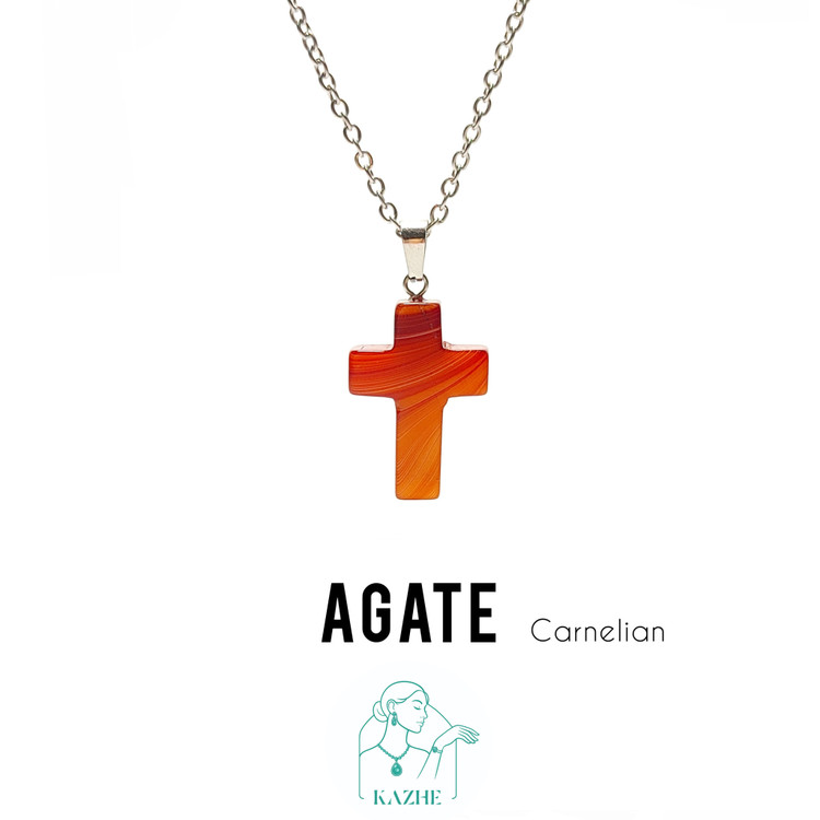 گردنبند سنگی عقیق کارنلین اصل و معدنی تراش صلیب با زنجیر استیل ضدحساسیت رایگان