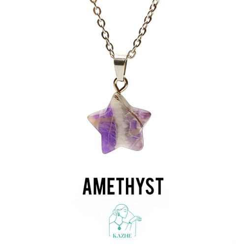 گردنبند سنگی آمیتیست اصل و معدنی تراش ستاره با زنجیر استیل ضدحساسیت رایگان