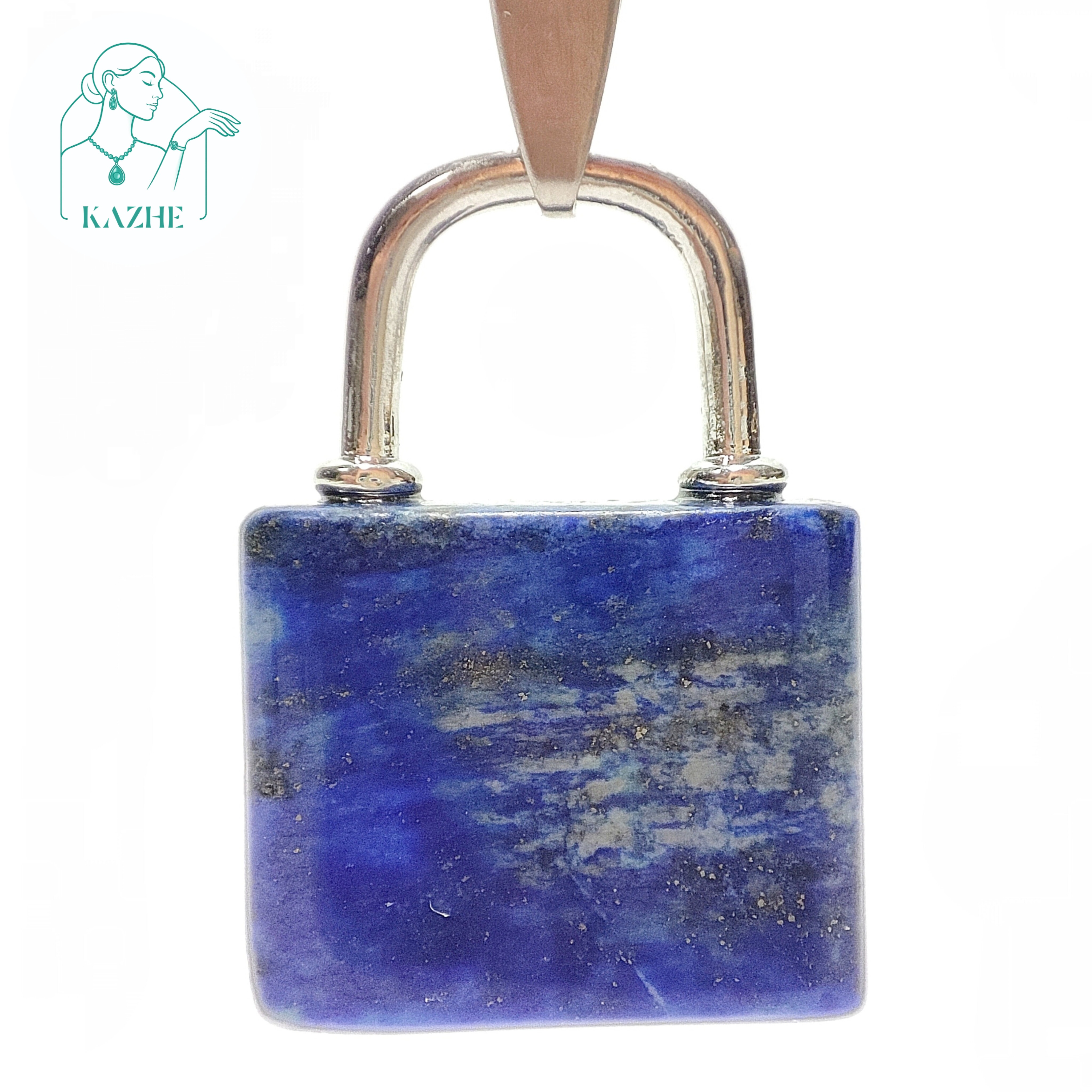 گردنبند سنگی لاجورد اصل افغان تراش قفل و کلید ست با زنجیر استیل ضدحساسیت