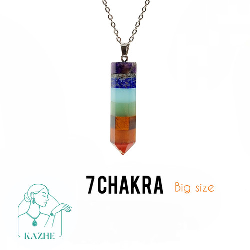 گردنبند سنگی هفت چاکرا اصل تراش منشوری بزرگ با زنجیر استیل ضدحساسیت زنانه و مردانه