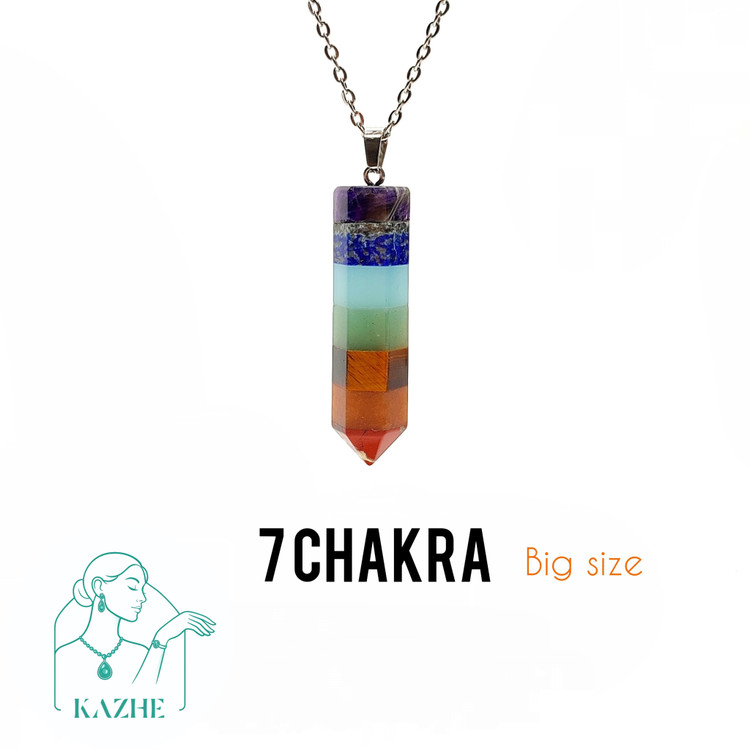 گردنبند سنگی هفت چاکرا اصل تراش منشوری بزرگ با زنجیر استیل ضدحساسیت زنانه و مردانه