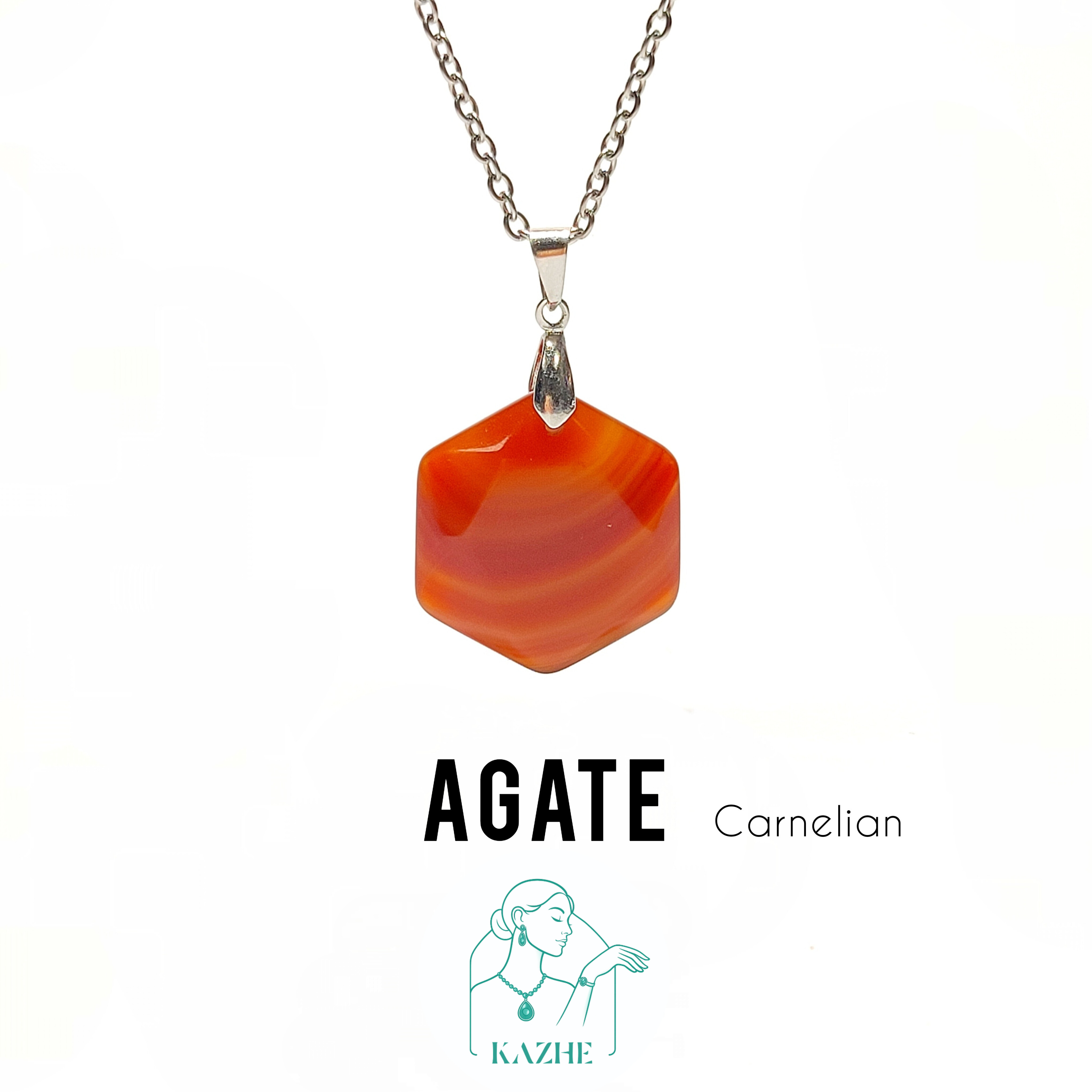 گردنبند سنگی عقیق کارنلین اصل تراش سکه ای شش ضلعی با زنجیر استیل ضدحساسیت رایگان