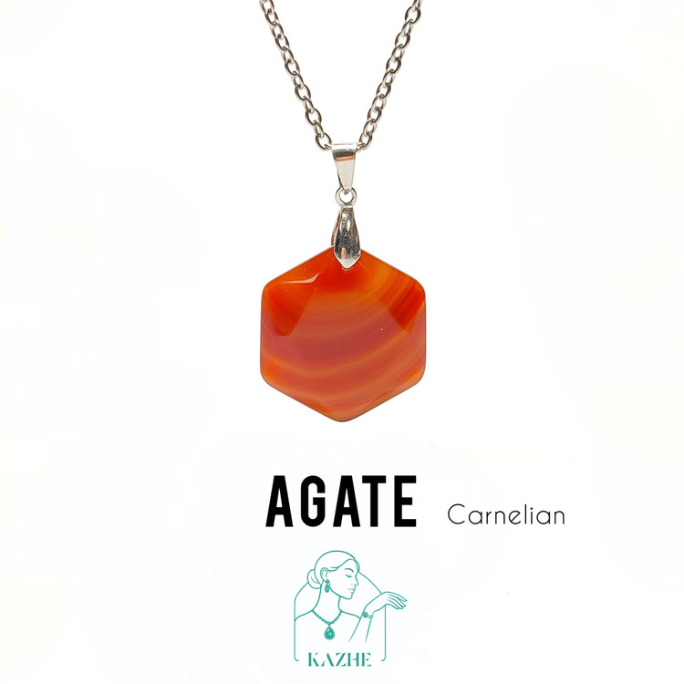 گردنبند سنگی عقیق کارنلین اصل تراش سکه ای شش ضلعی با زنجیر استیل ضدحساسیت رایگان