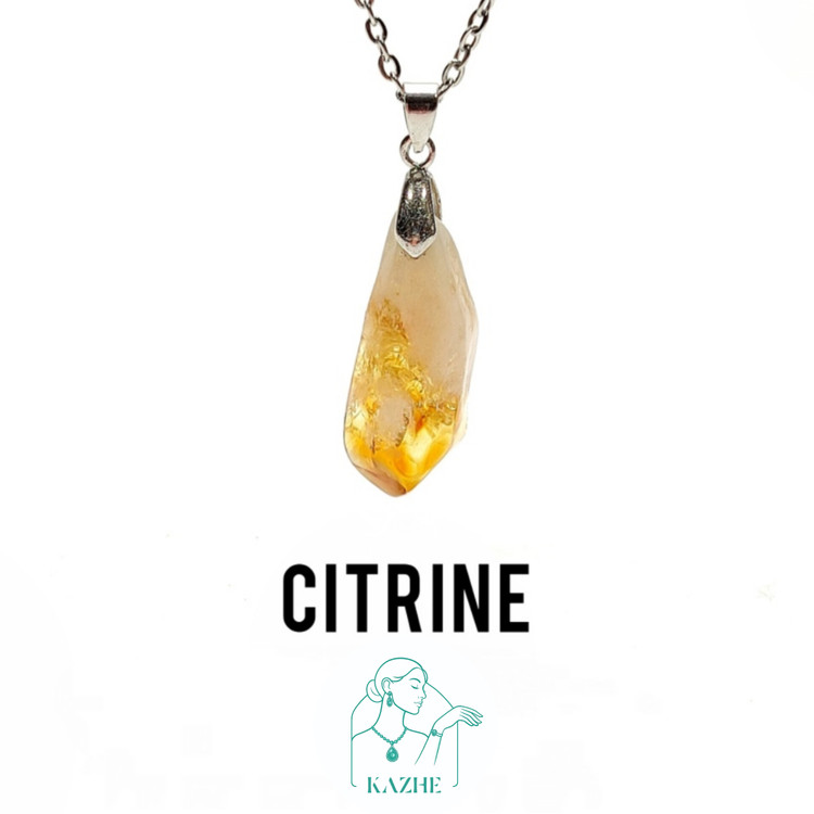 گردنبند سنگی سیترین اصل تراش تامبل سایز بزرگ با زنجیر استیل ضدحساسیت رایگان