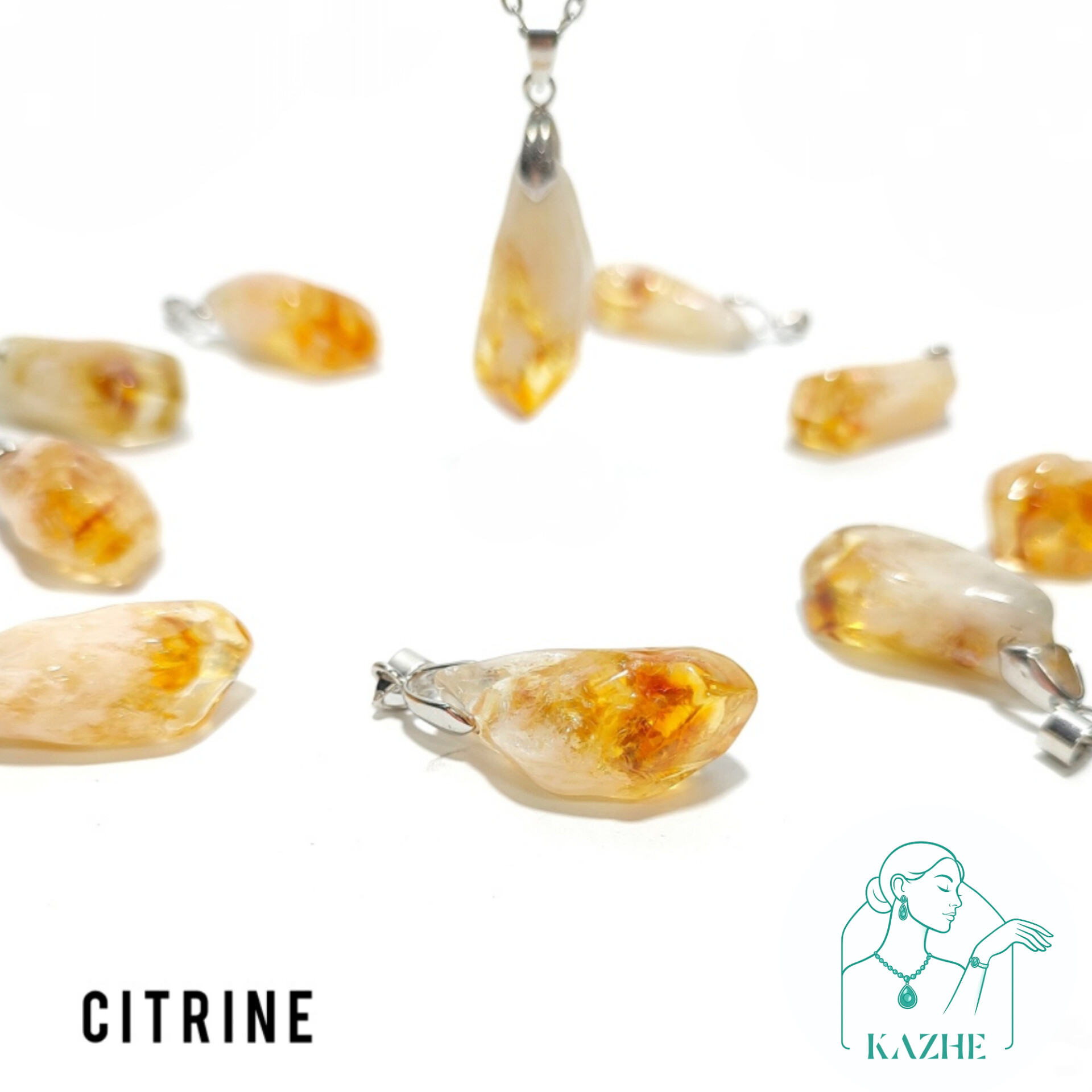 گردنبند سنگی سیترین اصل تراش تامبل سایز بزرگ با زنجیر استیل ضدحساسیت رایگان