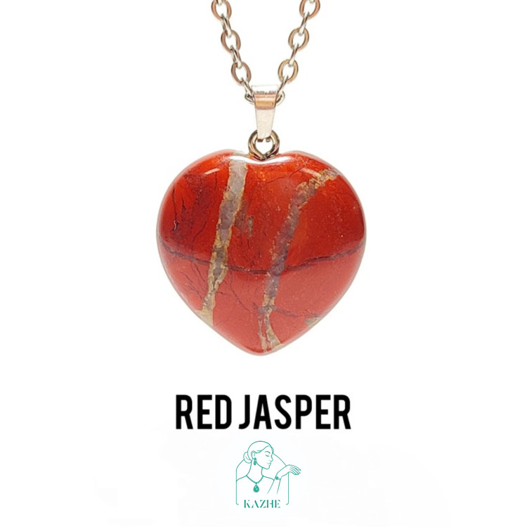 گردنبند سنگی جاسپر قرمز اصل و معدنی تراش قلب بزرگ گوشتی با زنجیر استیل ضدحساسیت رایگان