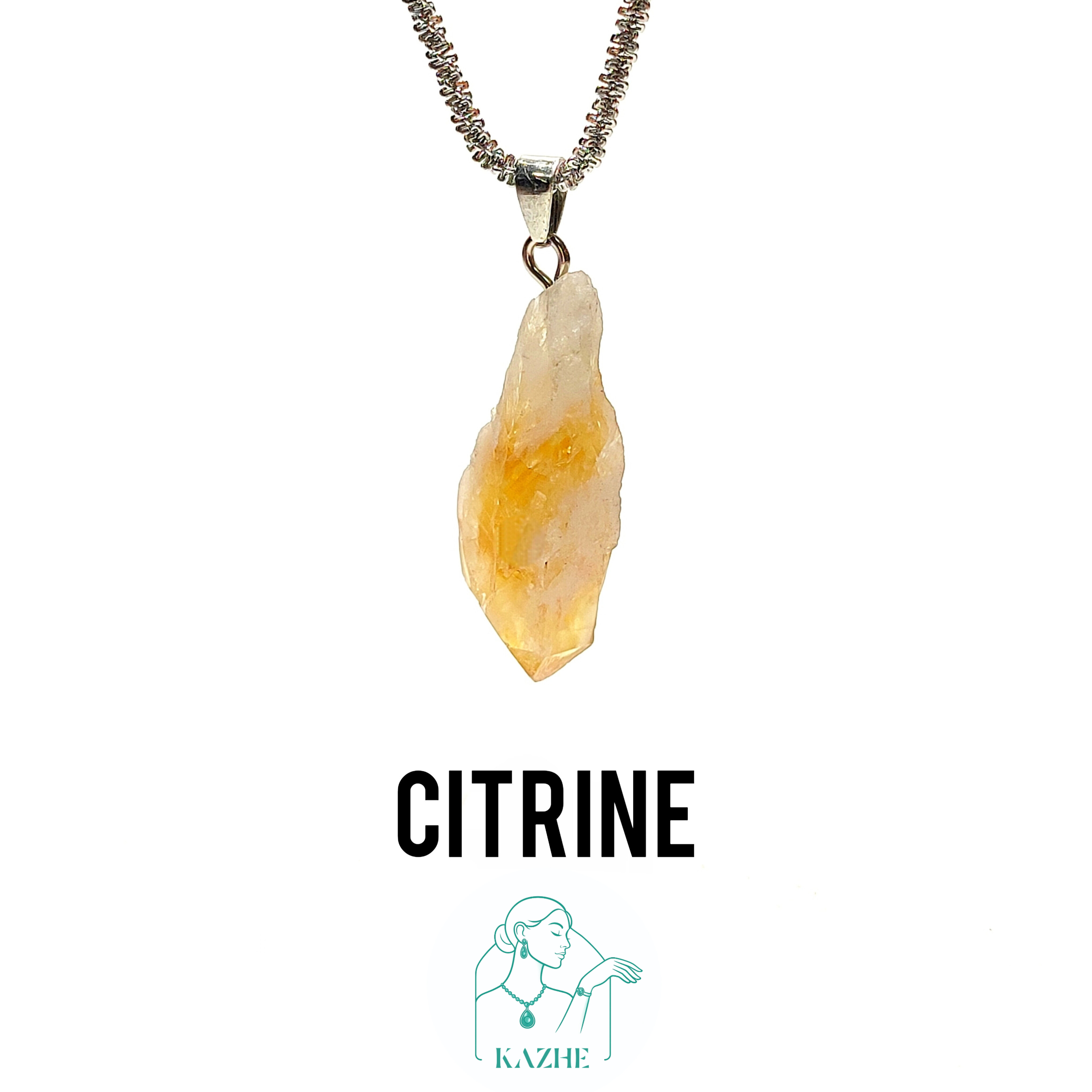 گردنبند سنگی سیترین اصل و معدنی تراش راف بزرگ با زنجیر استیل ضدحساسیت رایگان زنانه و مردانه
