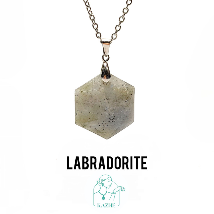 گردنبند سنگی لابرادوریت اصل شاین دار تراش سکه ای شش ضلعی با زنجیر استیل ضدحساسیت رایگان