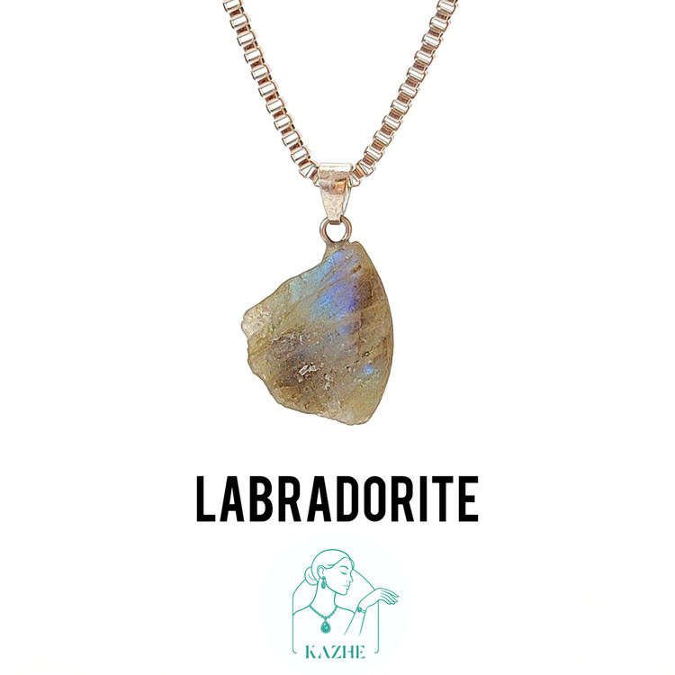 گردنبند سنگی لابرادوریت شاین دار اصل و معدنی تراش راف با زنجیر استیل ضدحساسیت رایگان