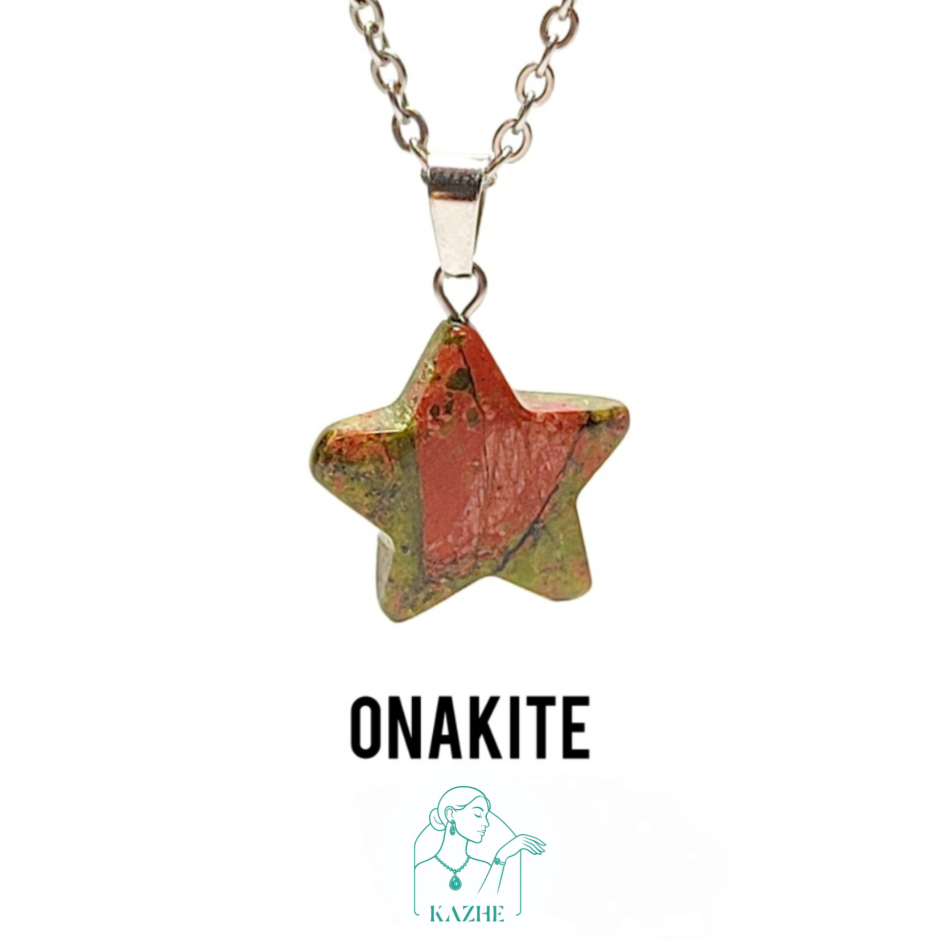 گردنبند سنگی اوناکیت اصل و معدنی تراش ستاره با زنجیر استیل ضدحساسیت رایگان