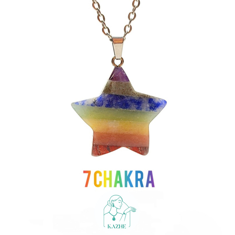 گردنبند سنگی هفت چاکرا اصل و معدنی تراش ستاره بزرگ با زنجیر استیل ضدحساسیت رایگان