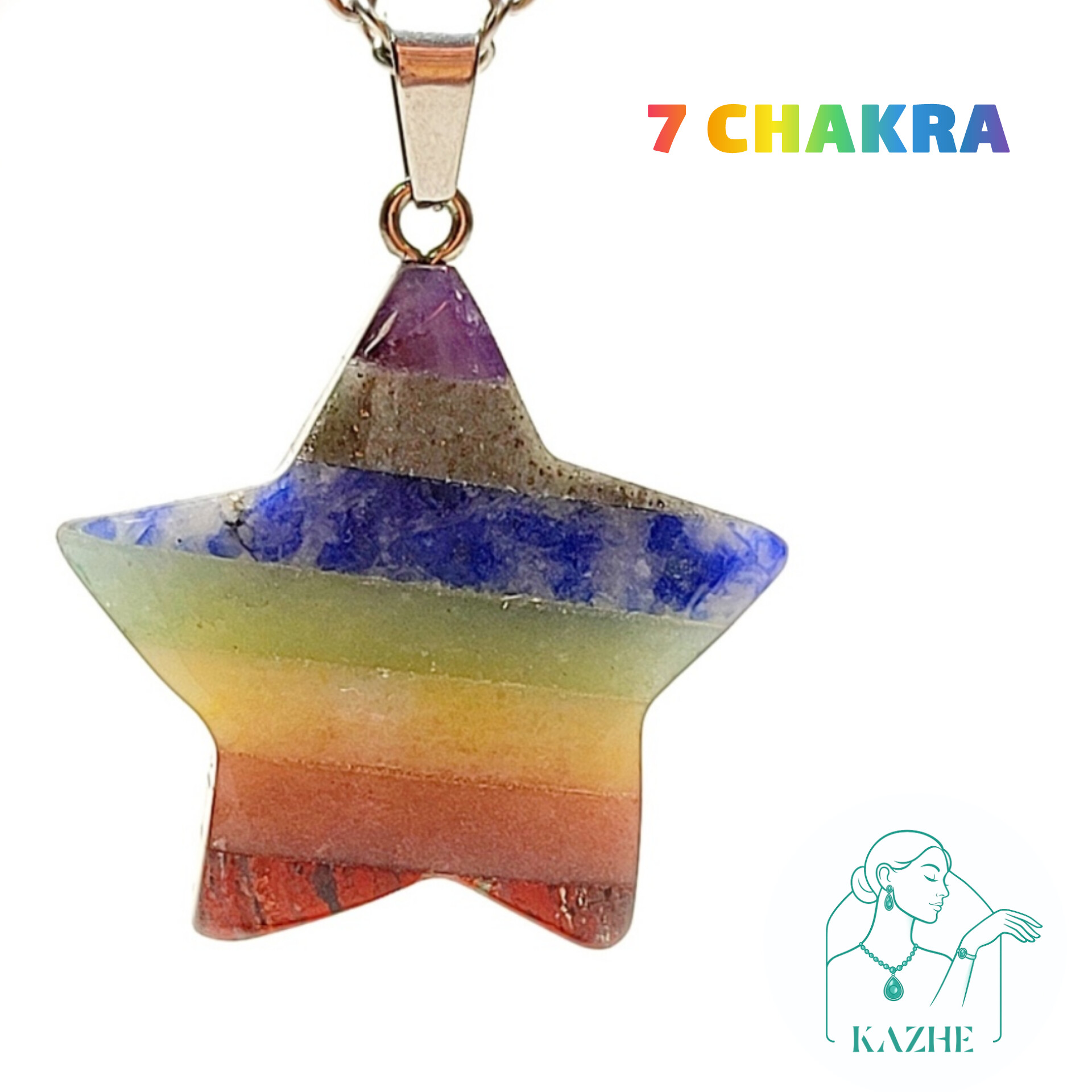 گردنبند سنگی هفت چاکرا اصل و معدنی تراش ستاره بزرگ با زنجیر استیل ضدحساسیت رایگان