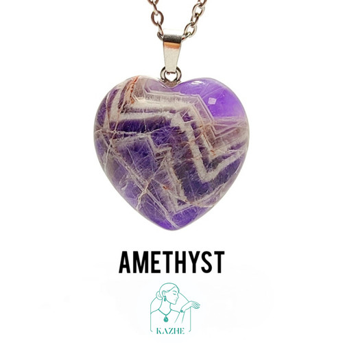 گردنبند سنگی آمیتیست اصل تراش قلب بزرگ گوشتی با زنجیر استیل ضدحساسیت رایگان