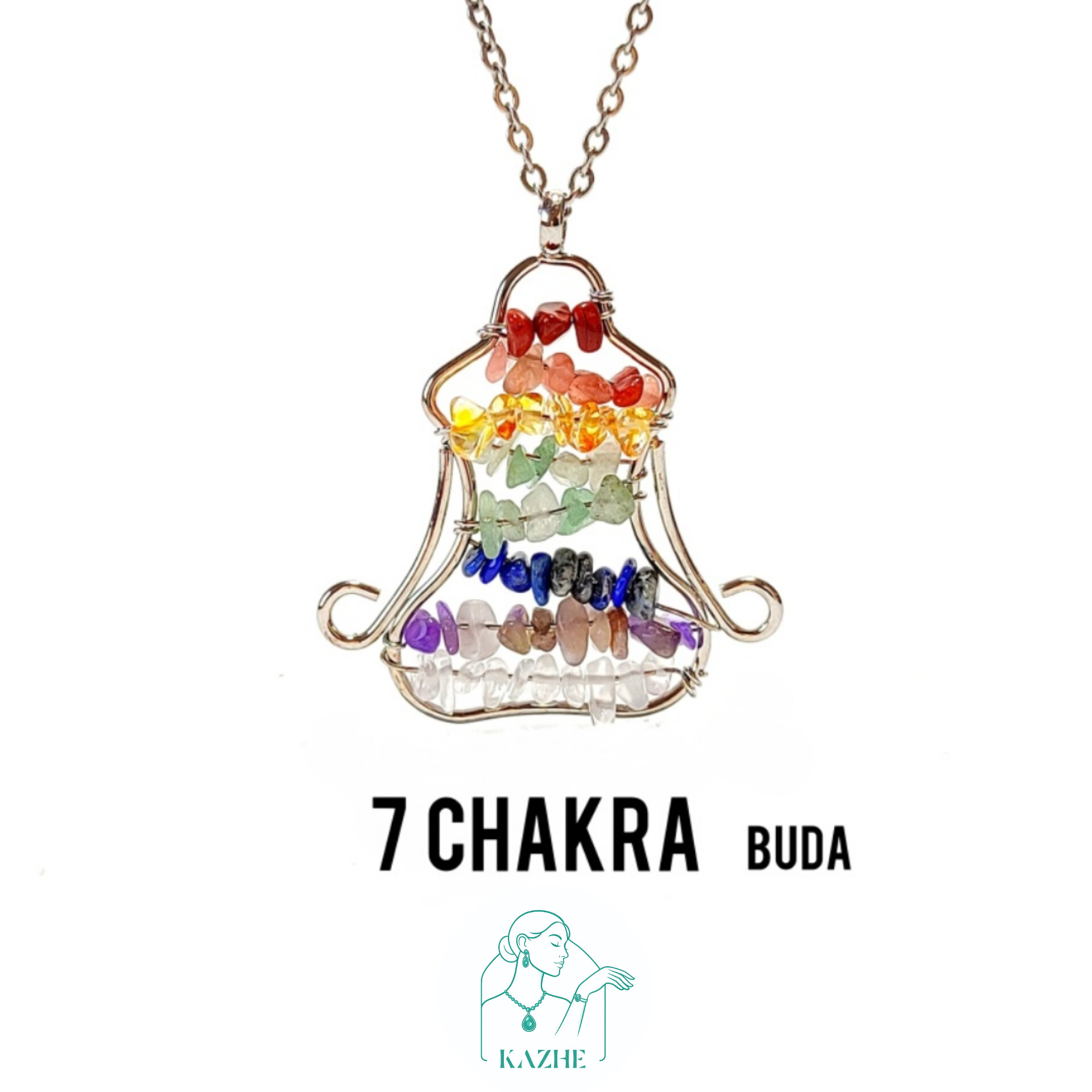 گردنبند سنگی هفت چاکرا هفت چاکرا اصلی با قاب استیل تراش بودا به همراه زنجیر استیل ضدحساسیت رایگان