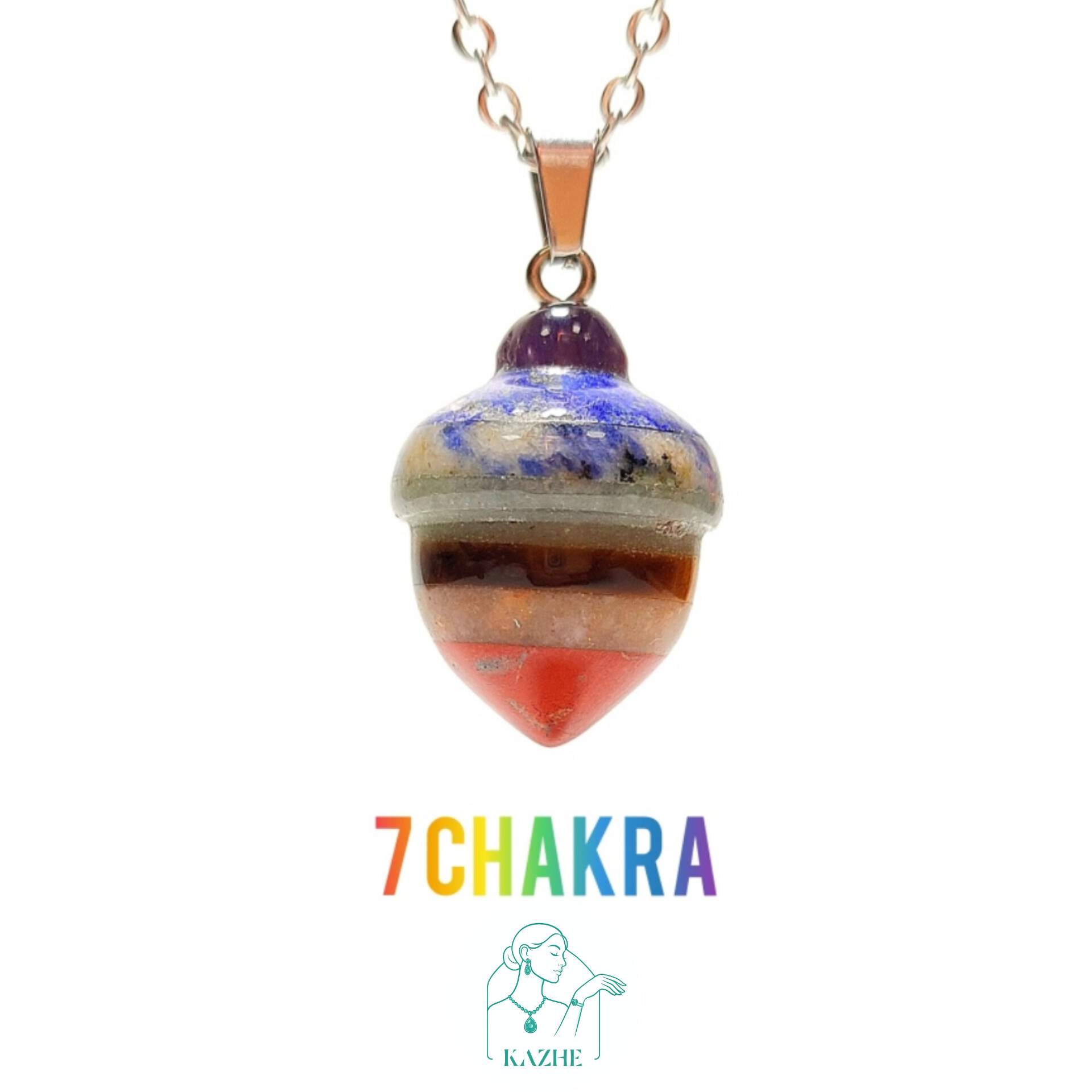 گردنبند سنگی هفت چاکرا تراش بلوط با سنگ های اصلی به همراه زنجیر استیل ضدحساسیت رایگان